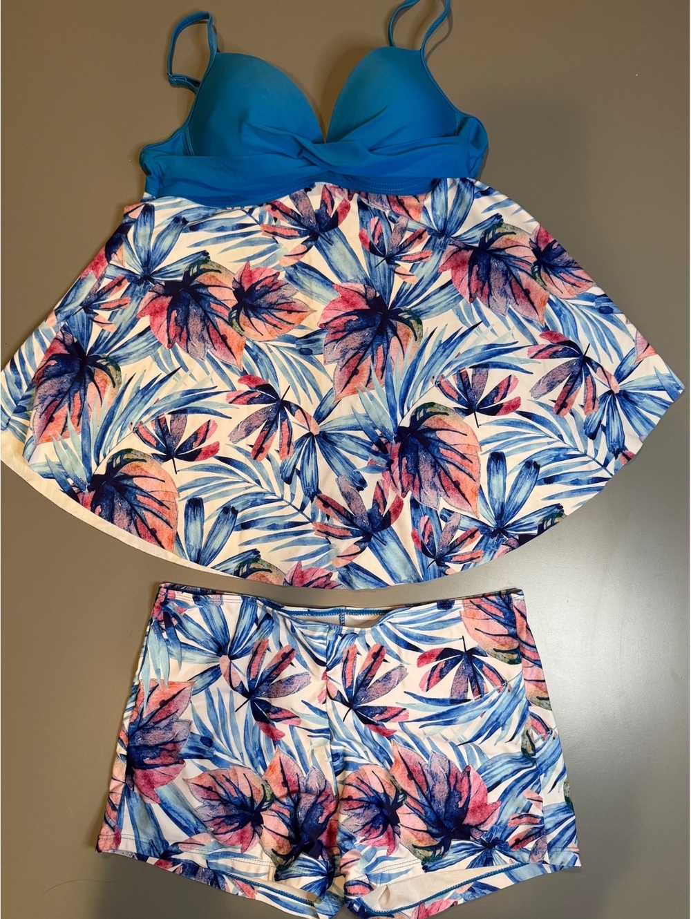 Women's Two-Piece Floral Tankini Swimsuit with Blue Top and